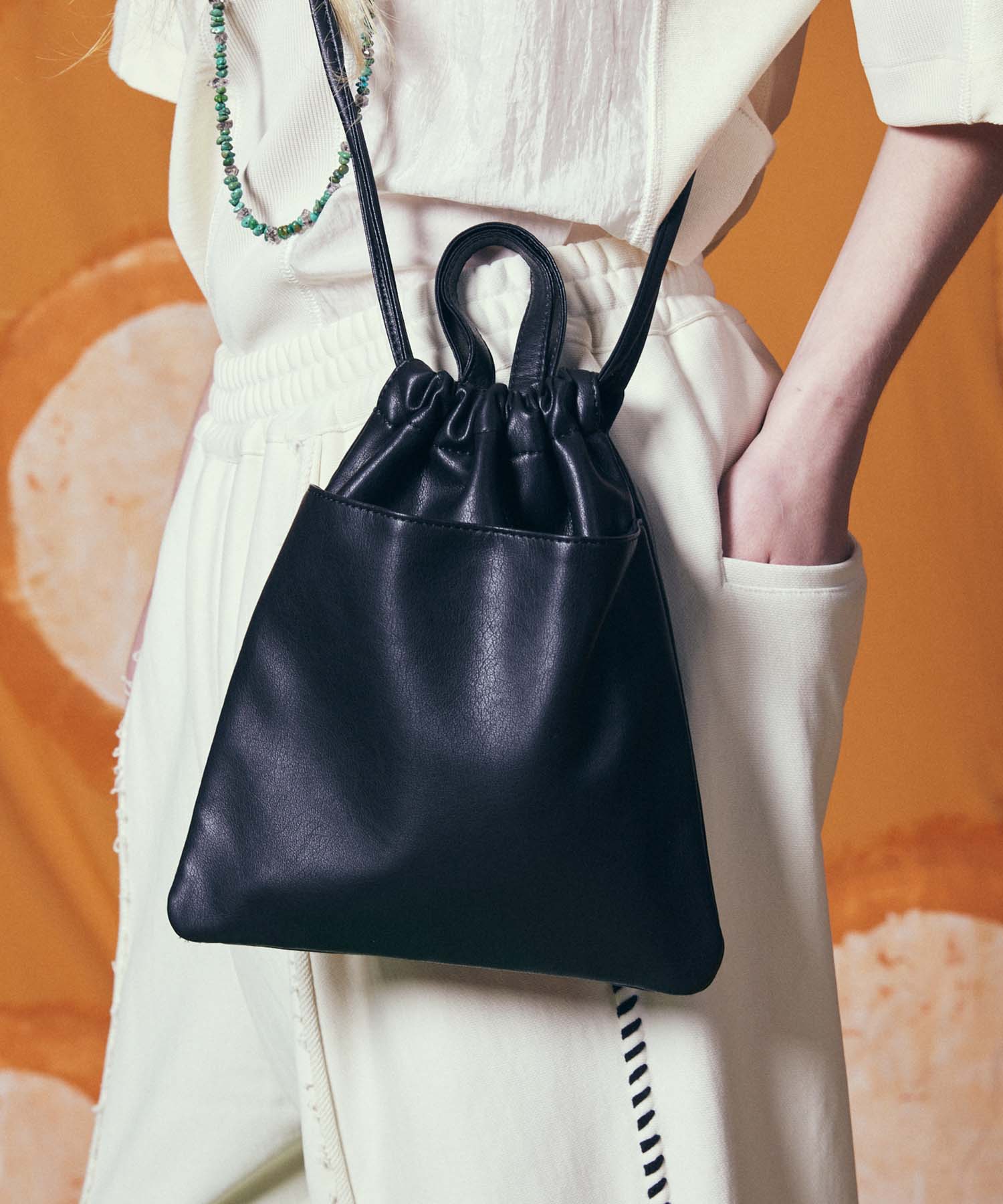 EX】Vegan Leather Shoulder Drawstring Bag