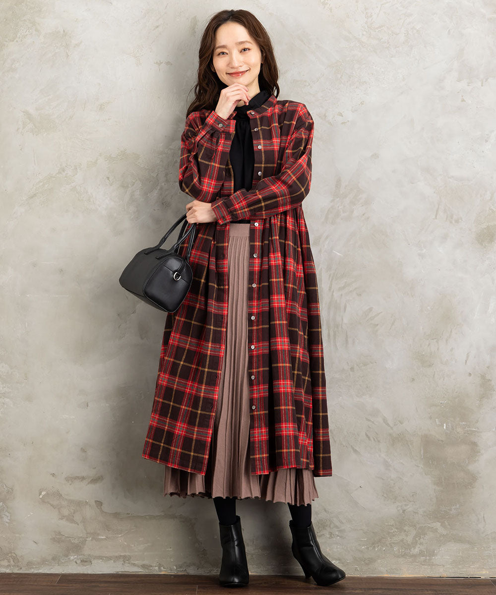 大きいサイズ】 9号・15号(M・3L) 起毛チェックへリンボンワンピース