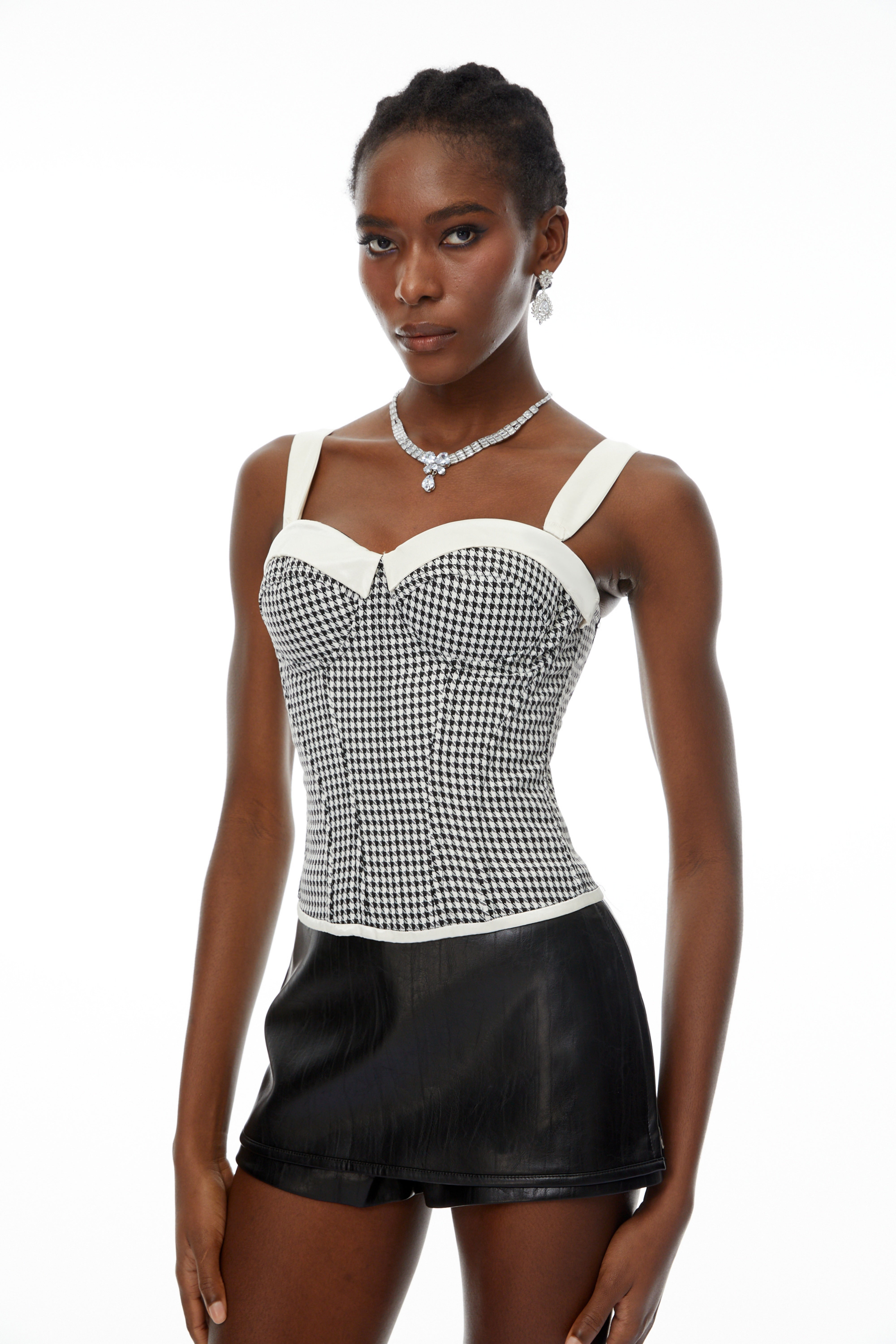 Jana Color Block Houndstooth Corset Top