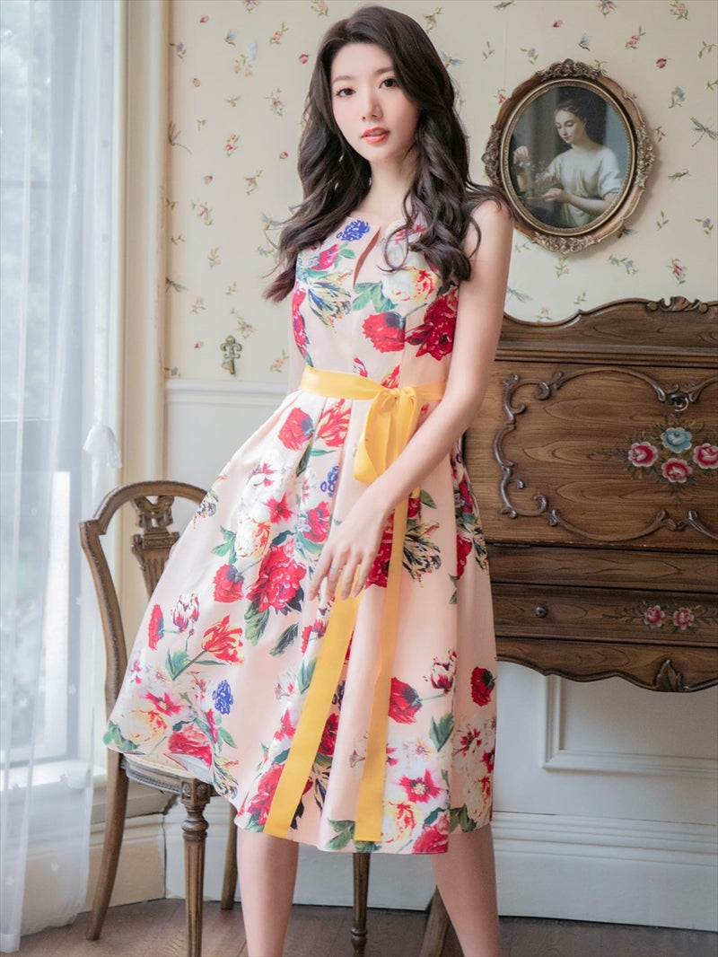 ERUKEI/S33244/フラワープリント/ノースリーブ/Aライン/花柄プリント