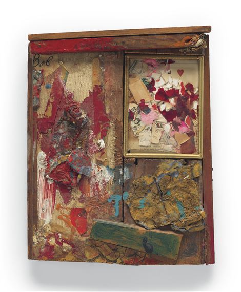 ロバート・ラウシェンバーグ 油絵具，木材，布，印刷紙，紙