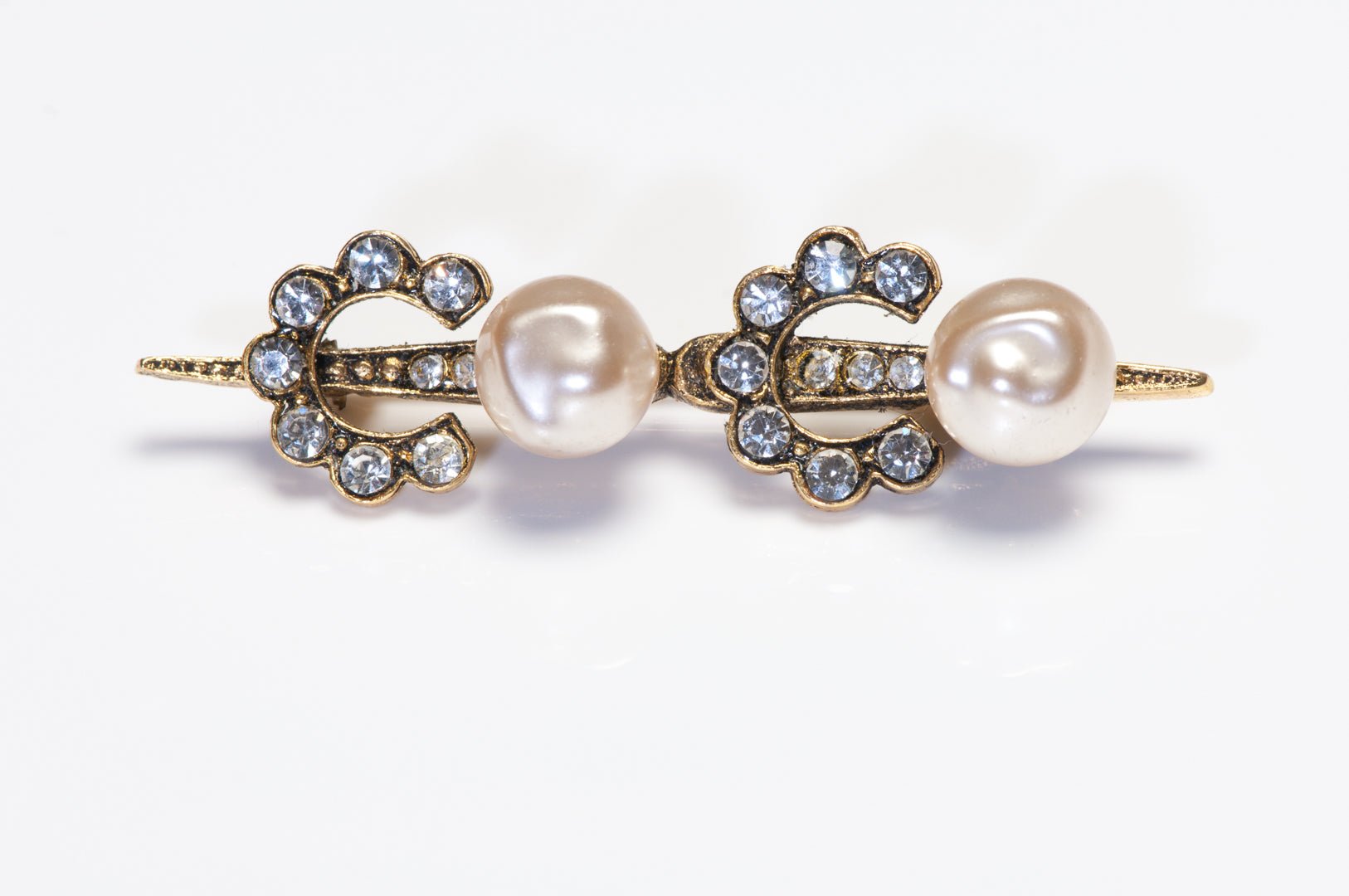 Vintage Chanel Paris 1984 Pearl Crystal Coco Letter Bar Pin Brooch