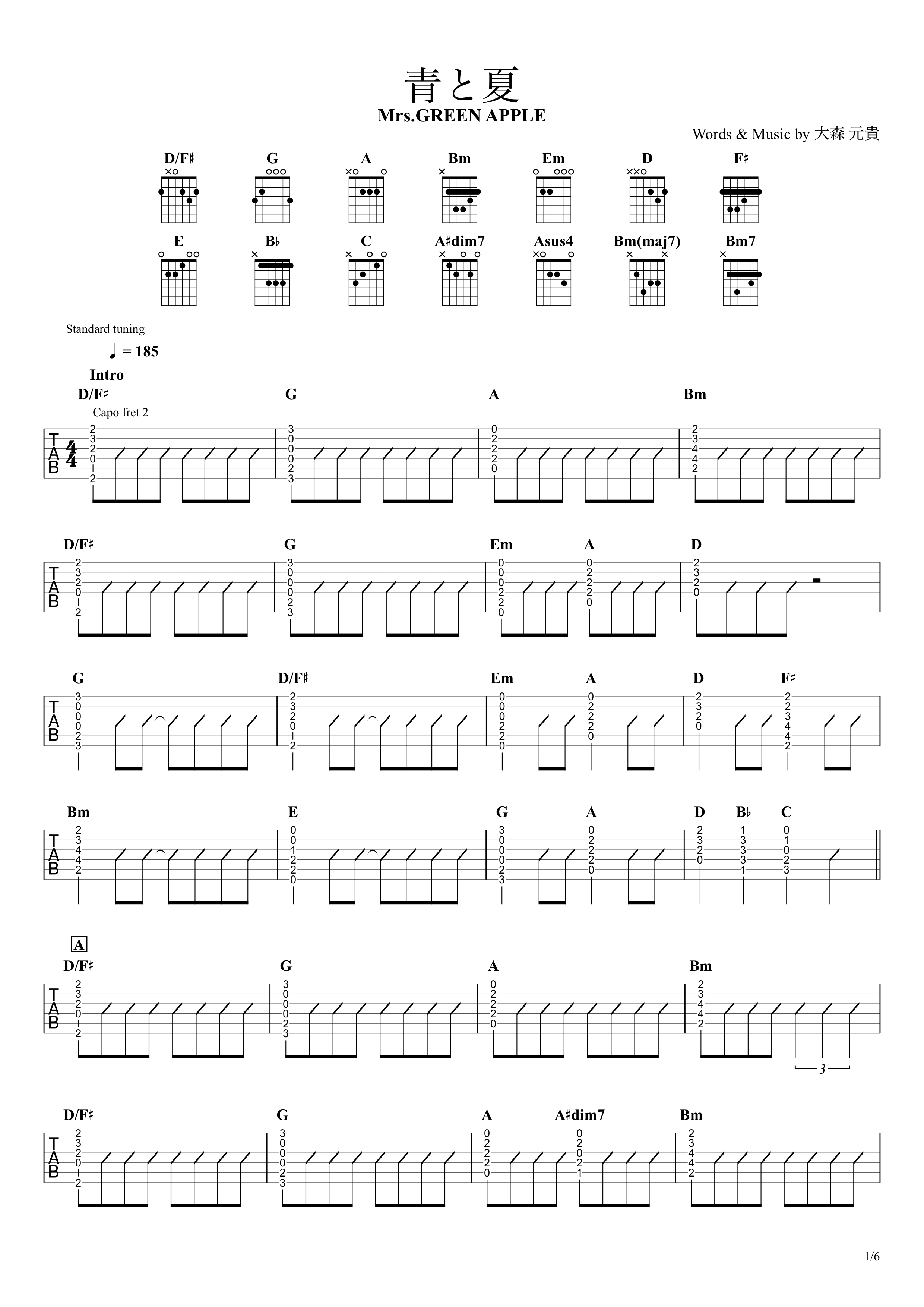 青と夏／Mrs.GREEN APPLE】無料ギターTAB譜｜アコギ向けコード