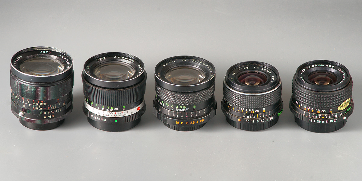 Five different Mamiya Sekor 2.8/28mm lenses