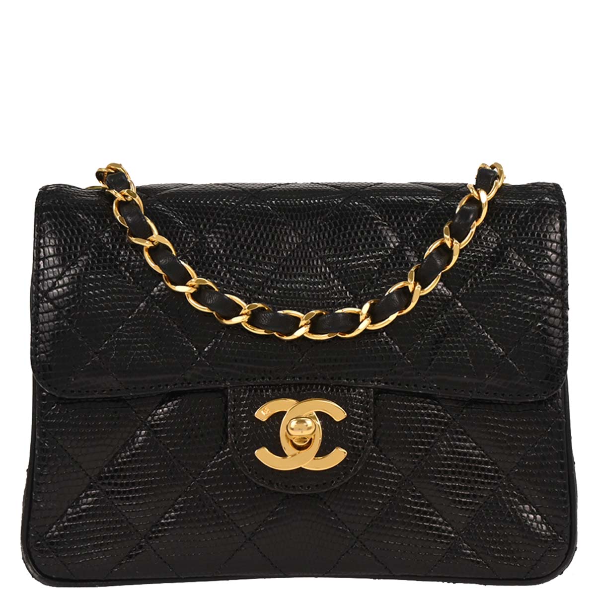 Chanel 1991-1994 * Black Lizard Mini Classic Square Flap Shoulder