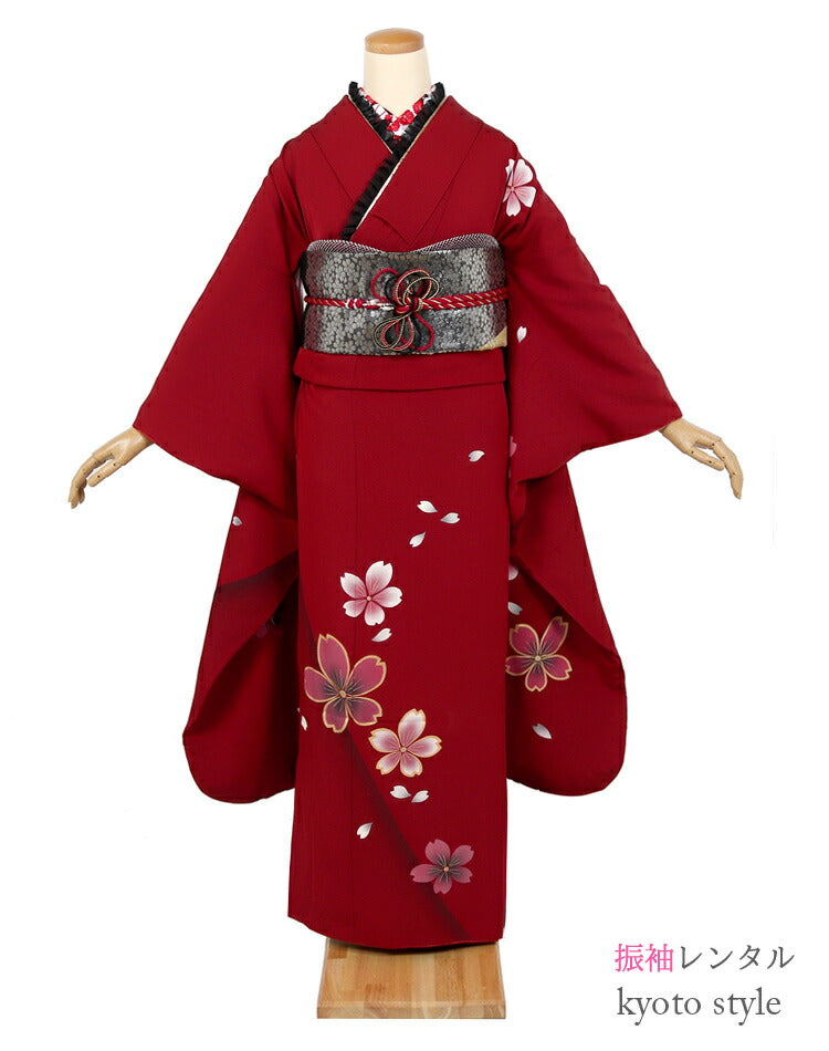 振袖 レンタル フルセット 赤 レッド 柄少なめ 桜柄 シンプル 適応身長