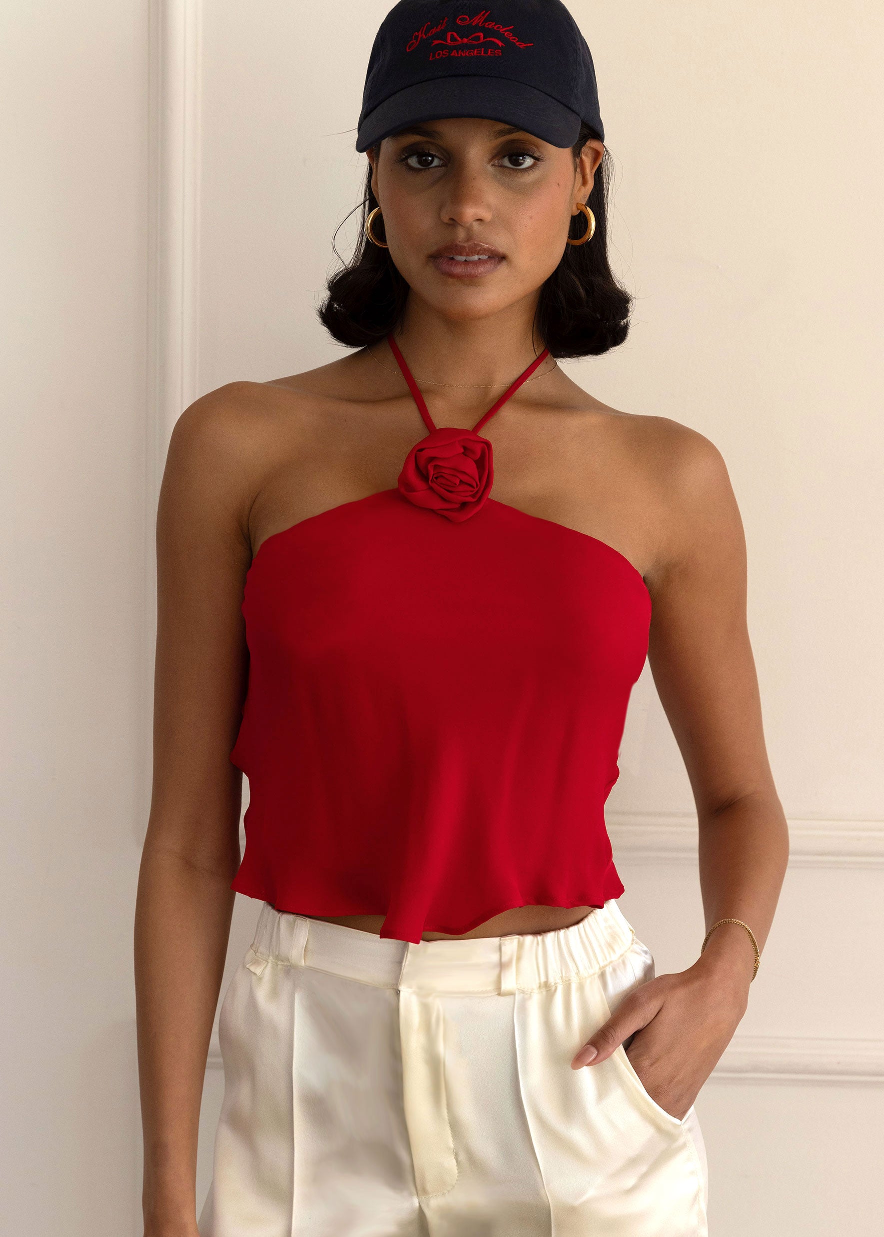 Cupid Top – Cherry Silk Halter with Rosette | Kait Macleod