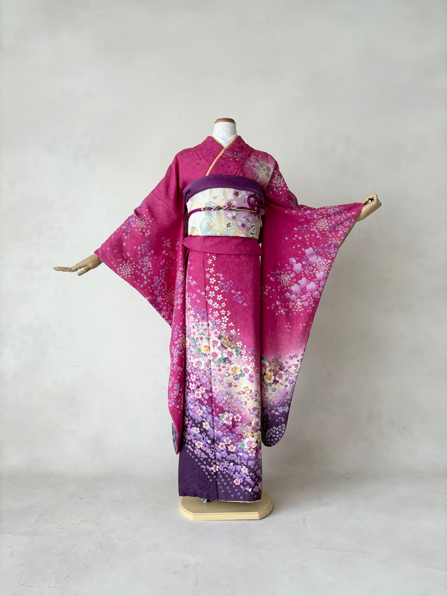 振袖レンタルセット ピンク 桜の流れ – きものセンター