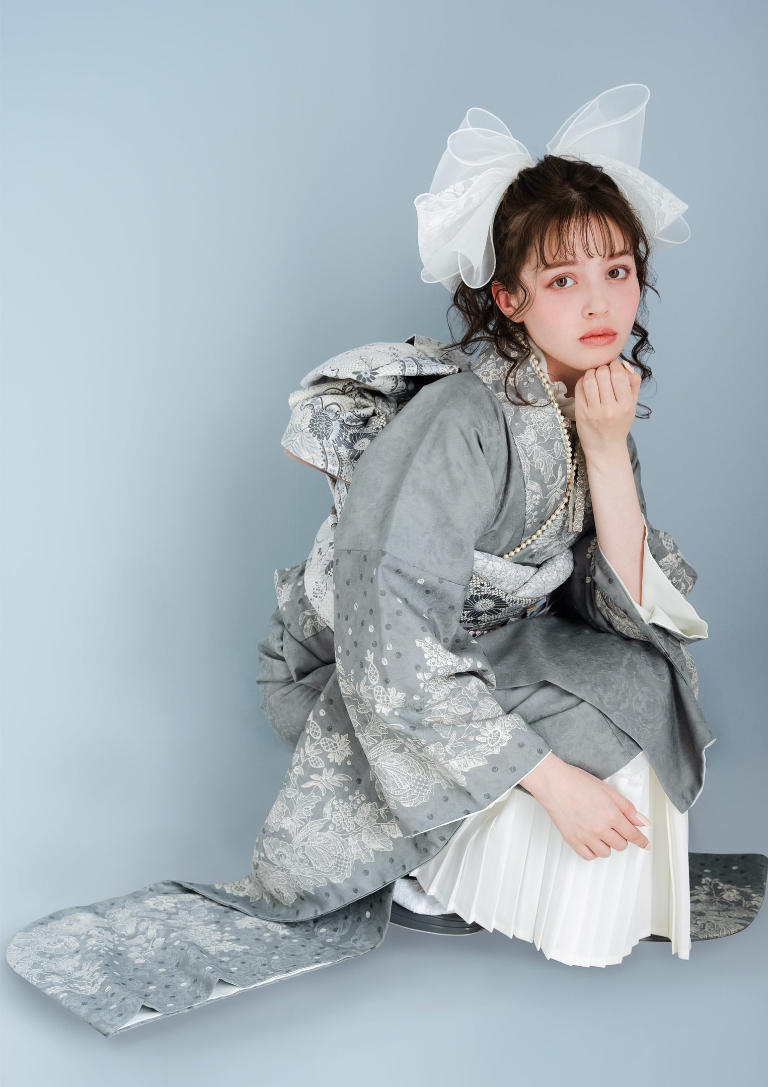 490 振袖フルセット 正絹 オフホワイト グレー 銀彩 暈し染め ナナイロ