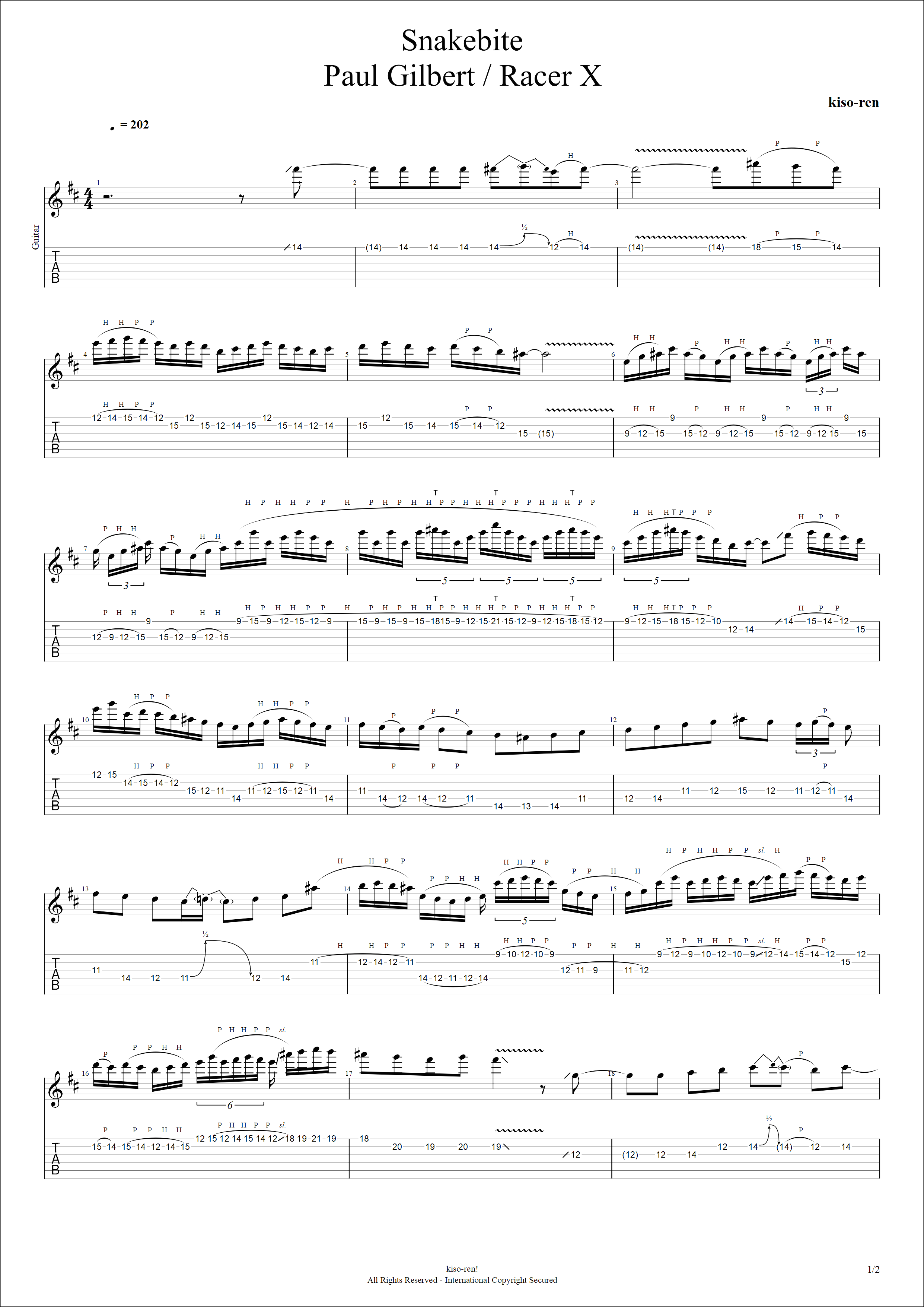 Snakebite Guitar Solo TAB Racer X(Paul Gilbert) スネイクバイト