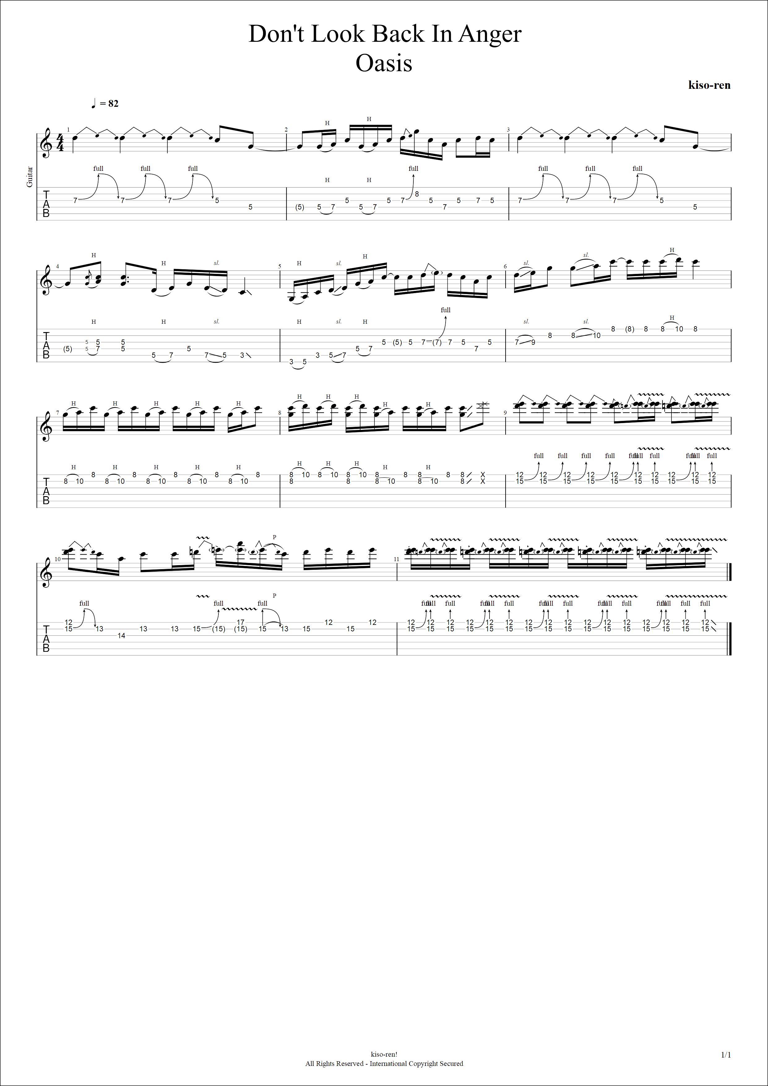 TAB】Oasis - Don't Look Back In Anger Guitar Solo オアシス