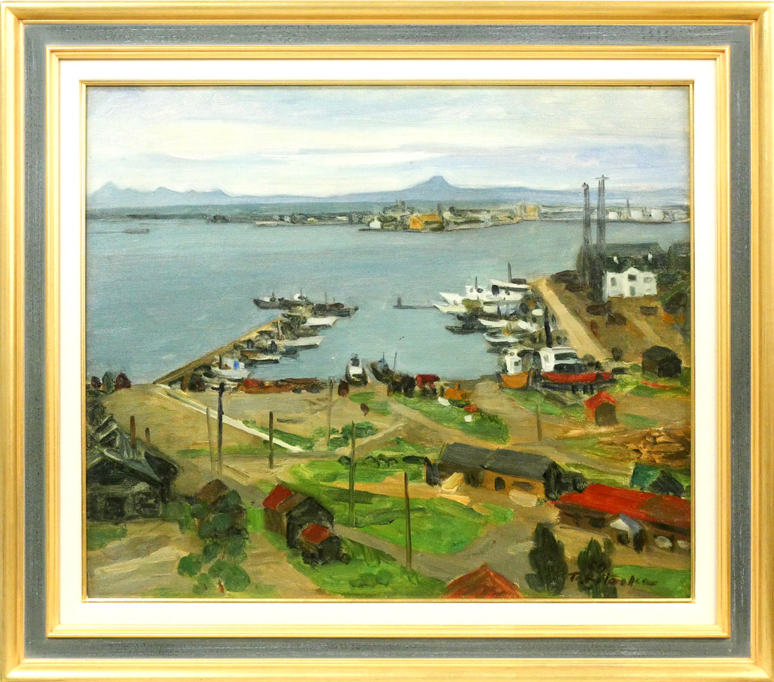北岡文雄「釧路港」油絵・F10号 絵画買取・販売の小竹美術