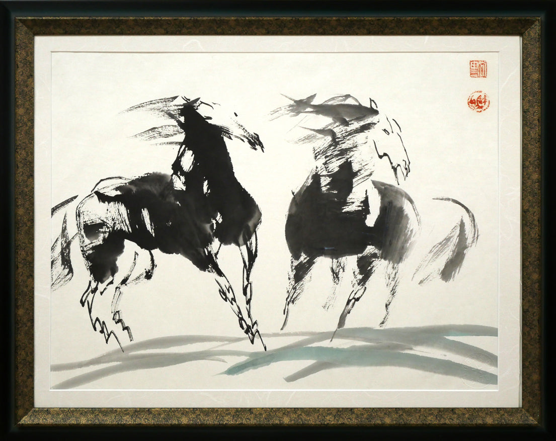尚申三「双馬図」墨彩画・10号 絵画買取・販売の小竹美術