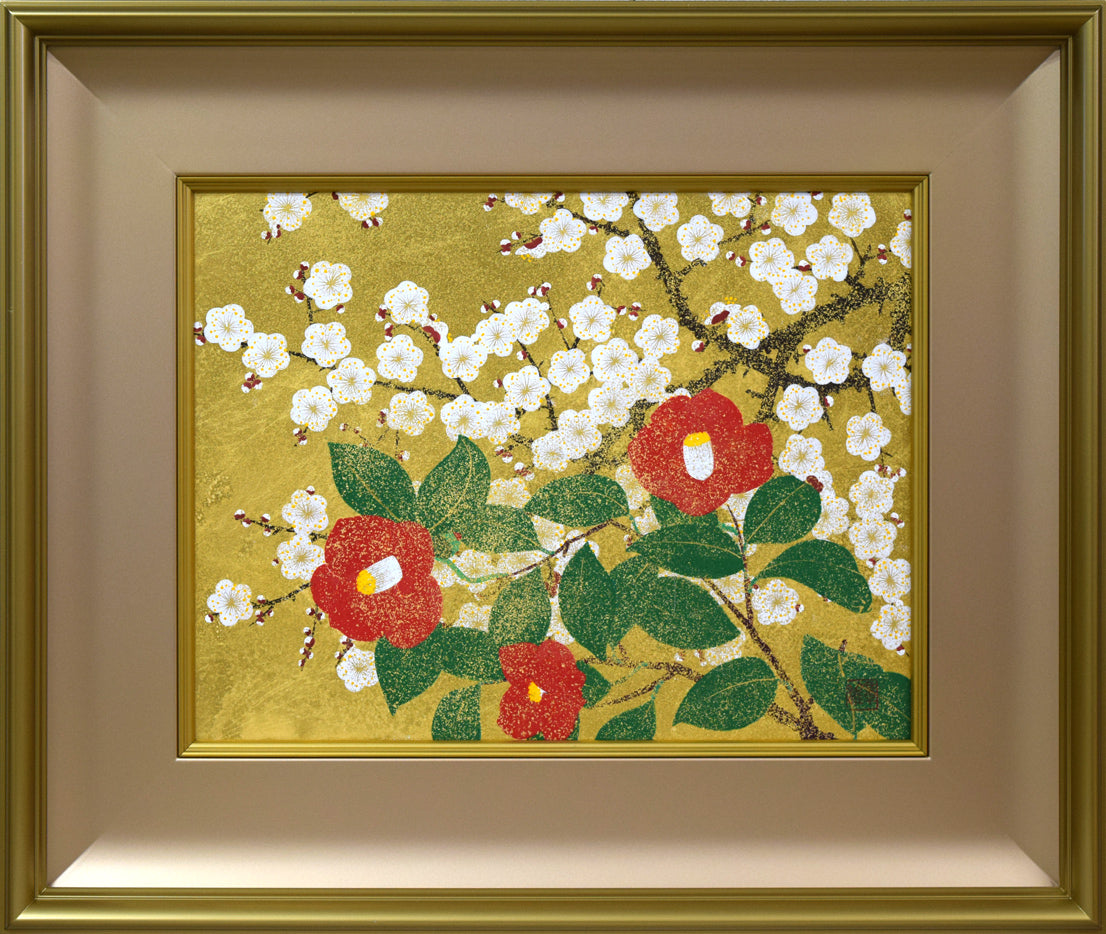 渡辺章雄「梅椿」日本画・F6号 絵画買取・販売の小竹美術