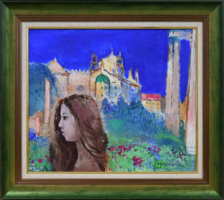 油絵 菅家令子 絵 絵画インテリア額付(青緑＋金色の枠) F4-071012女性