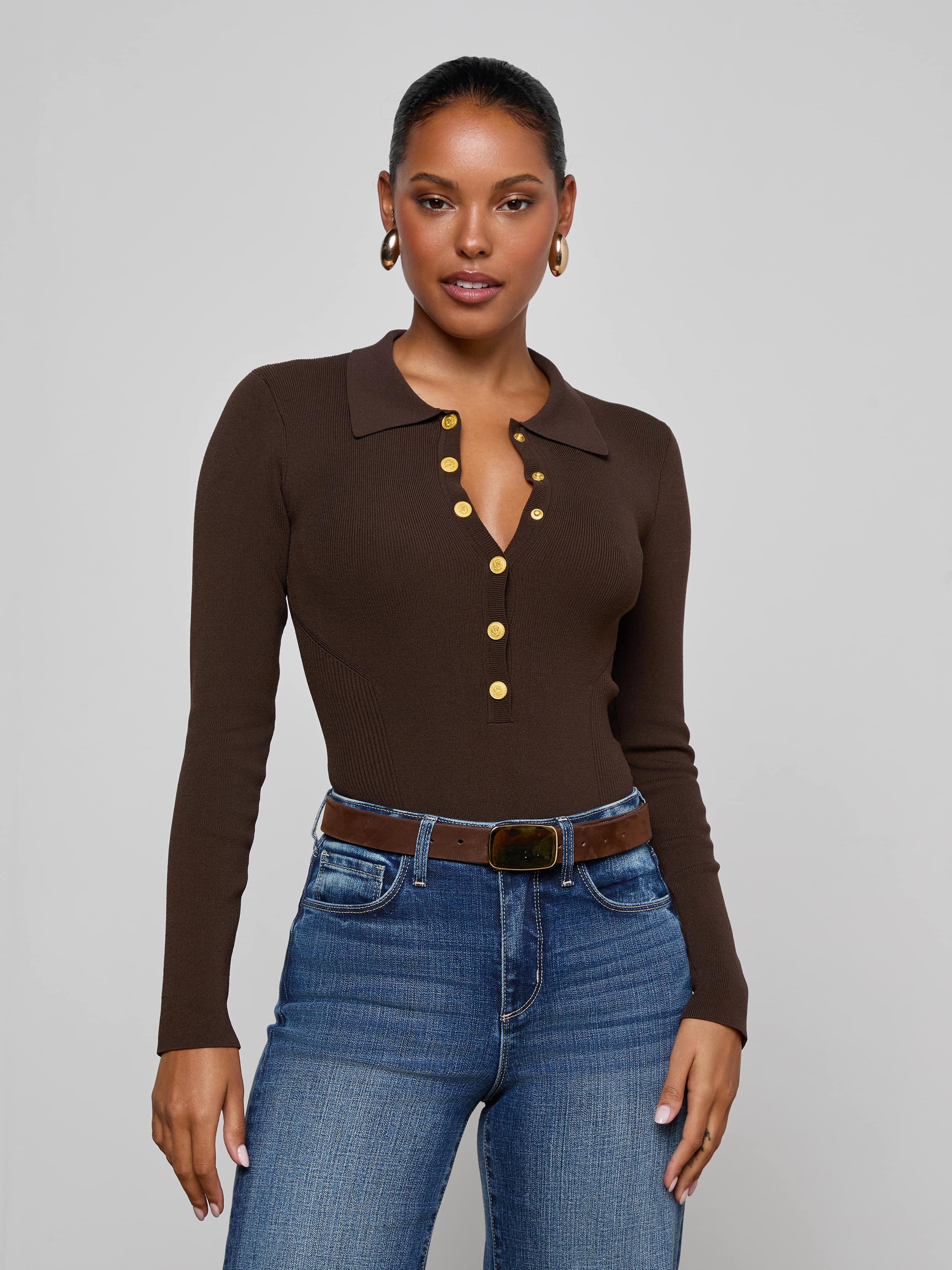 Elisabetta Knit Bodysuit in Dark Brown/Gold | L'AGENCE