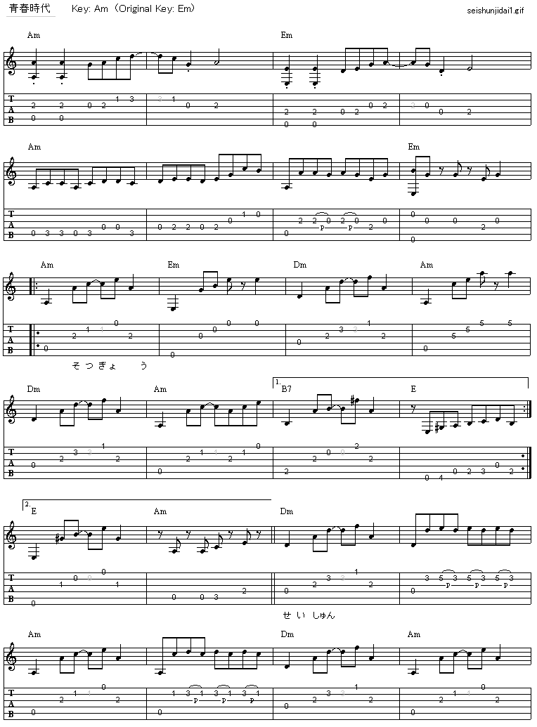 青春時代 森田公一とトップギャラン ギター弾き語りタブ譜 : ギター