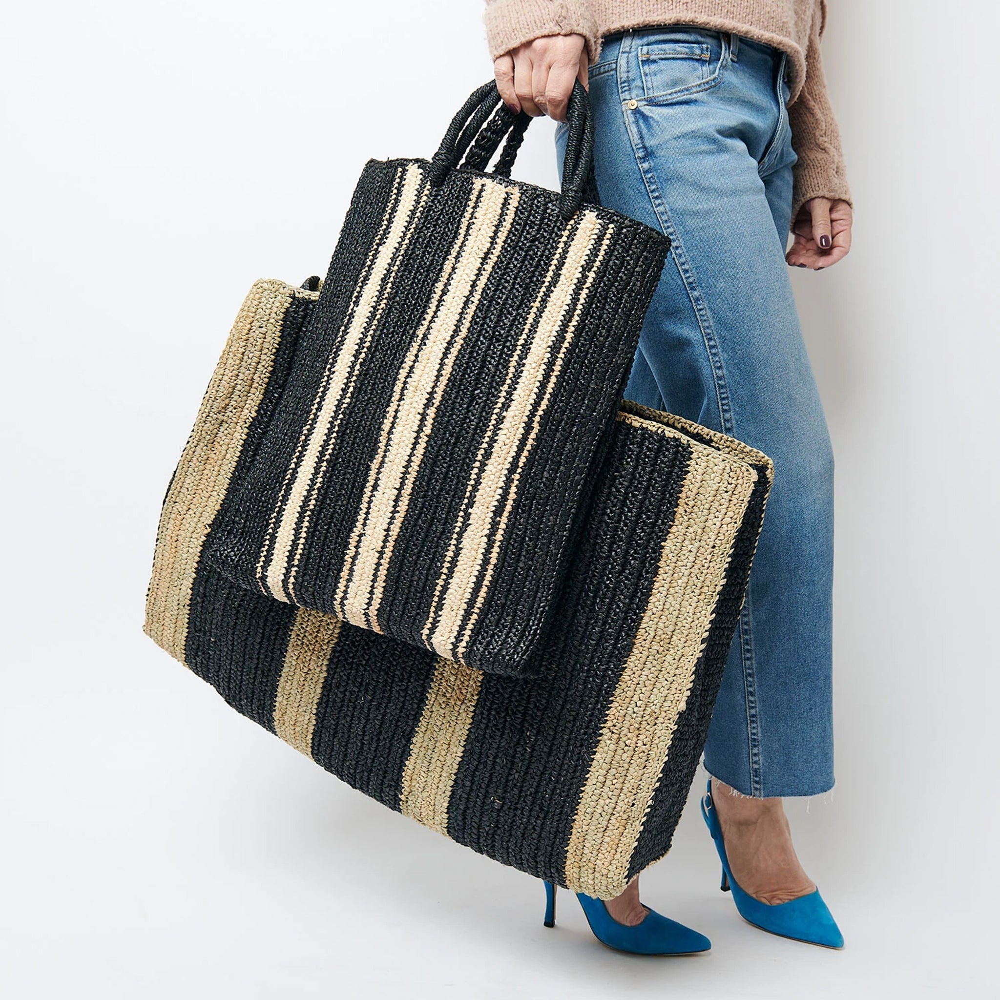 Gabriele Frantzen | Black Beige Raffia Shopper Bag - Lorena Laing