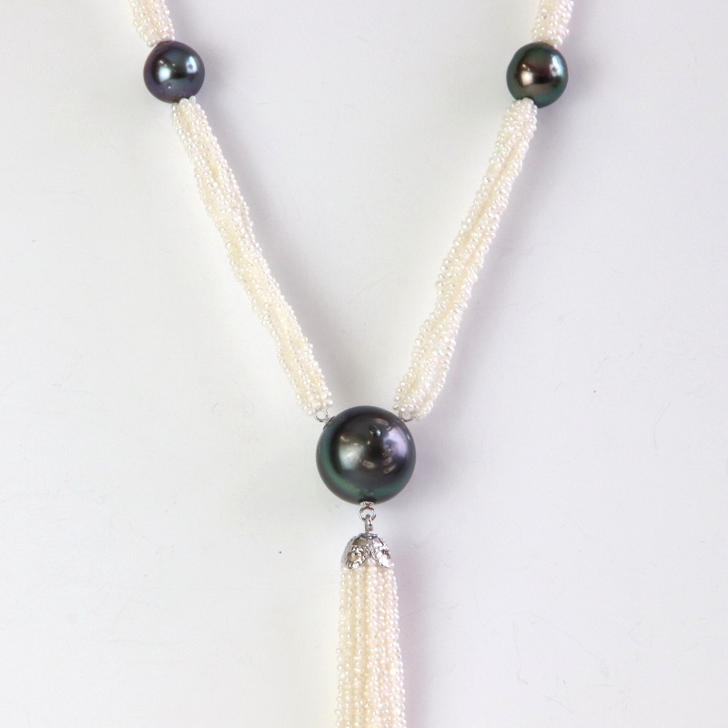 SVあこや真珠砂ケシ×黒蝶真珠タッセルロングネックレス【長さ70