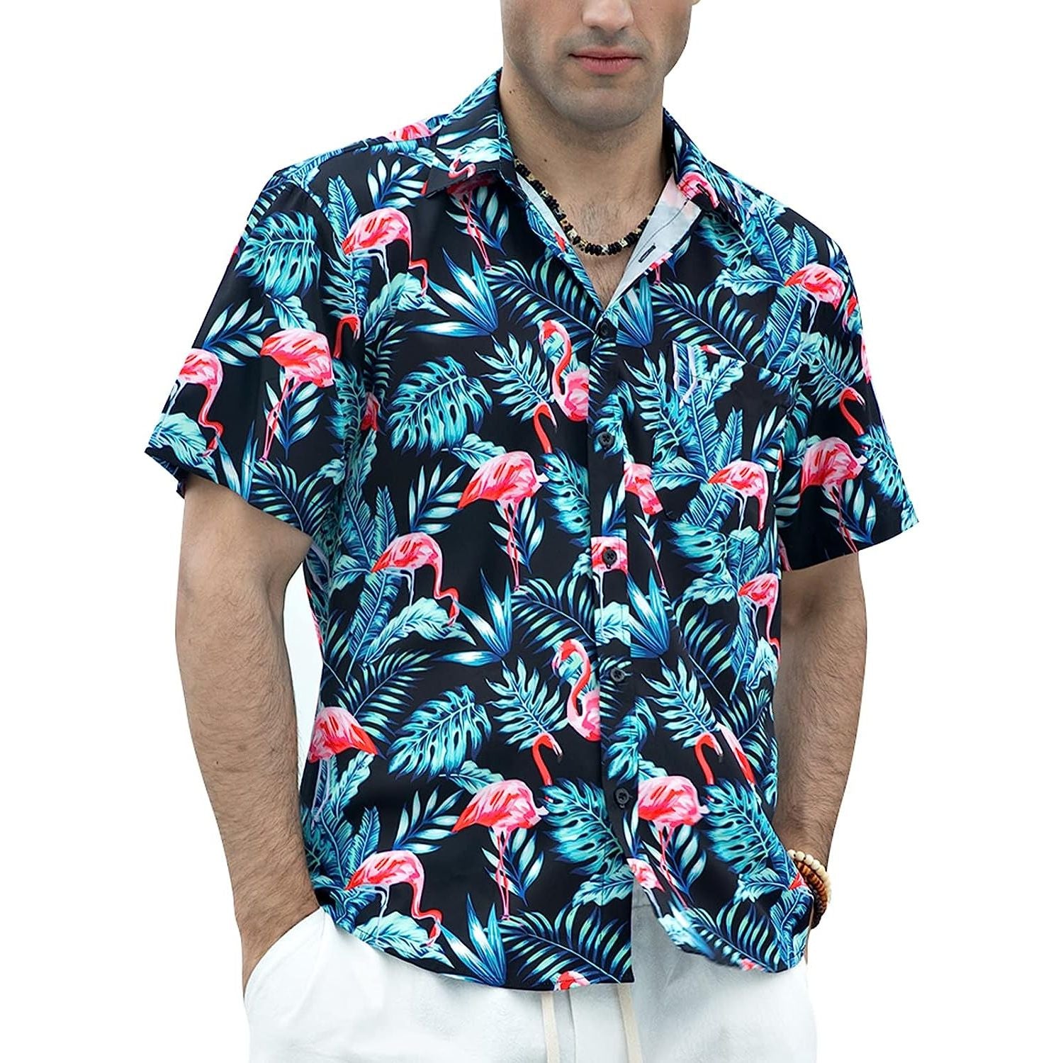 Hisdern Black Green Flamingo Button Up Hawaiian Shirt For Summer Vacat