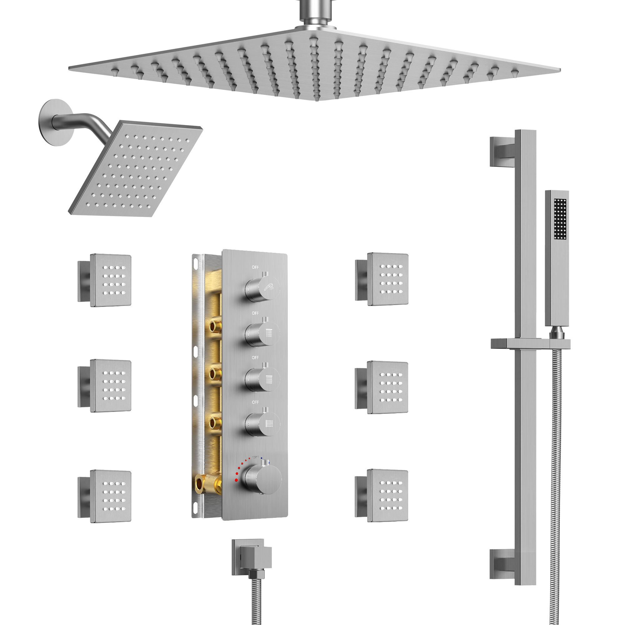 Thermostatic Rainfall Bathroom Shower System in Brushed Nickel SFS