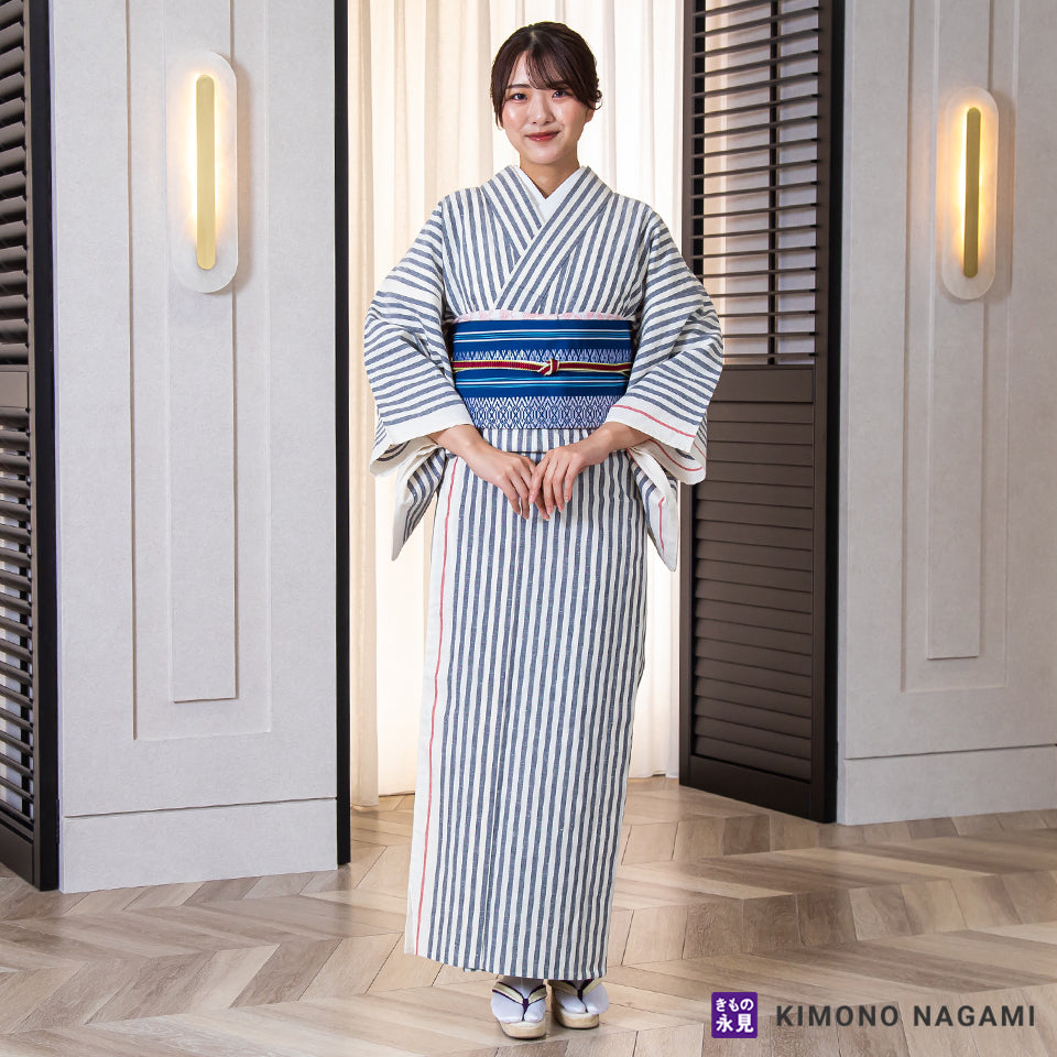 遠州綿紬│お仕立て上がり 遠州木綿 │フリーサイズ 白練りに黒鼠色の