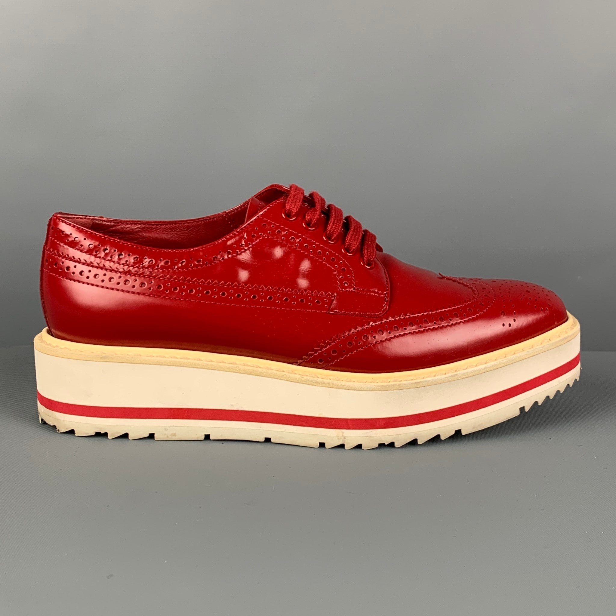 PRADA Size 6 Red White Leather Perforated Wingtip Shoes – Sui