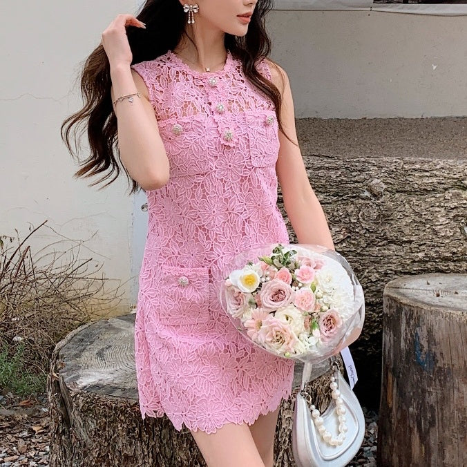 ノースリーブピンクレースミニワンピース – Salang