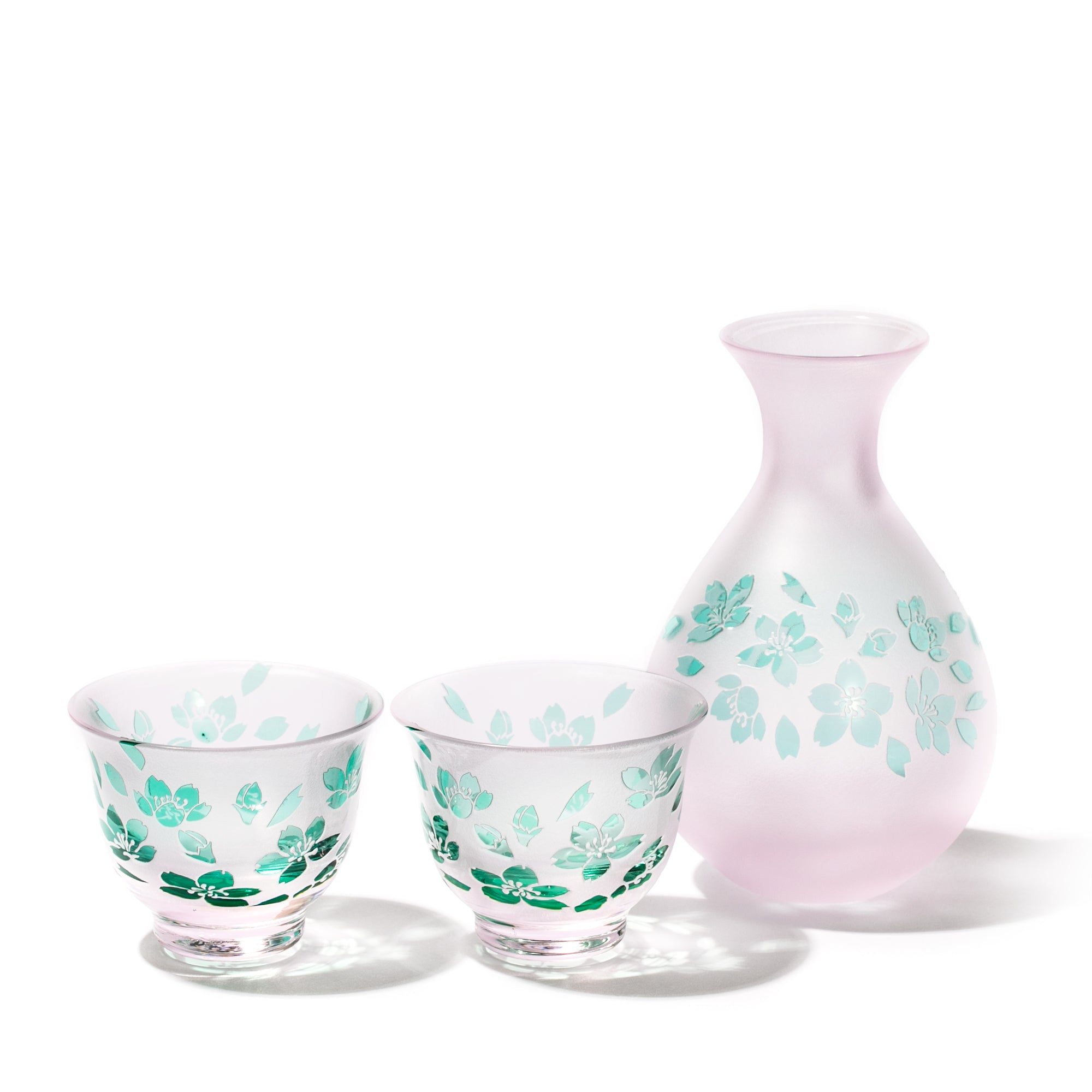 彫刻 夢柄子 桜紋 酒器三点揃 ピンク/グリーン ｜江戸切子グラスなら