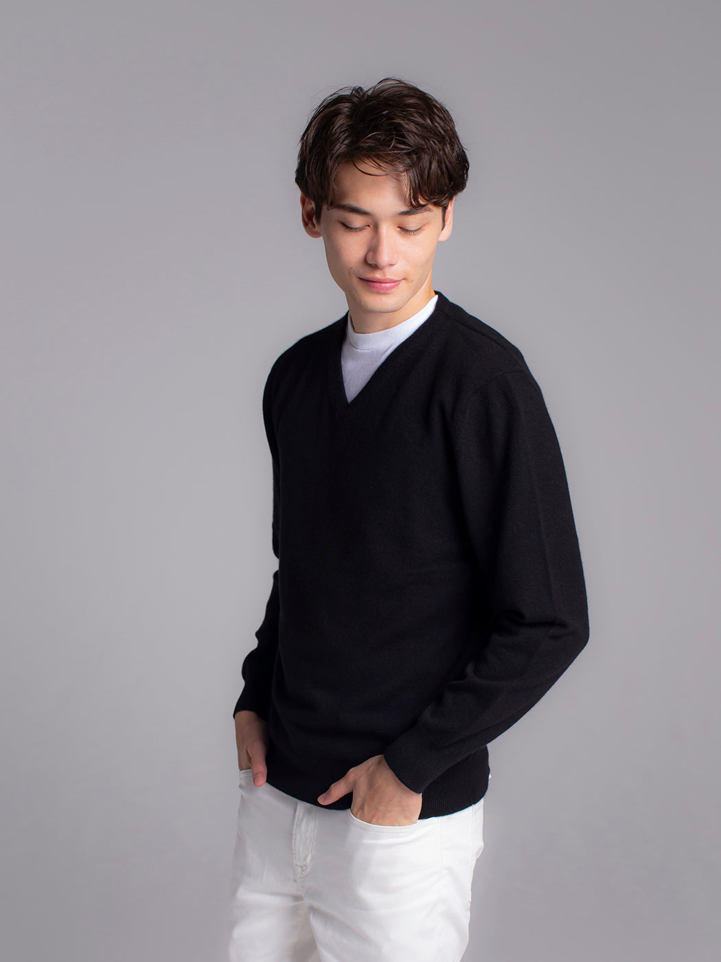 日本製】ベビーカシミヤ100% Vネック セーター メンズ