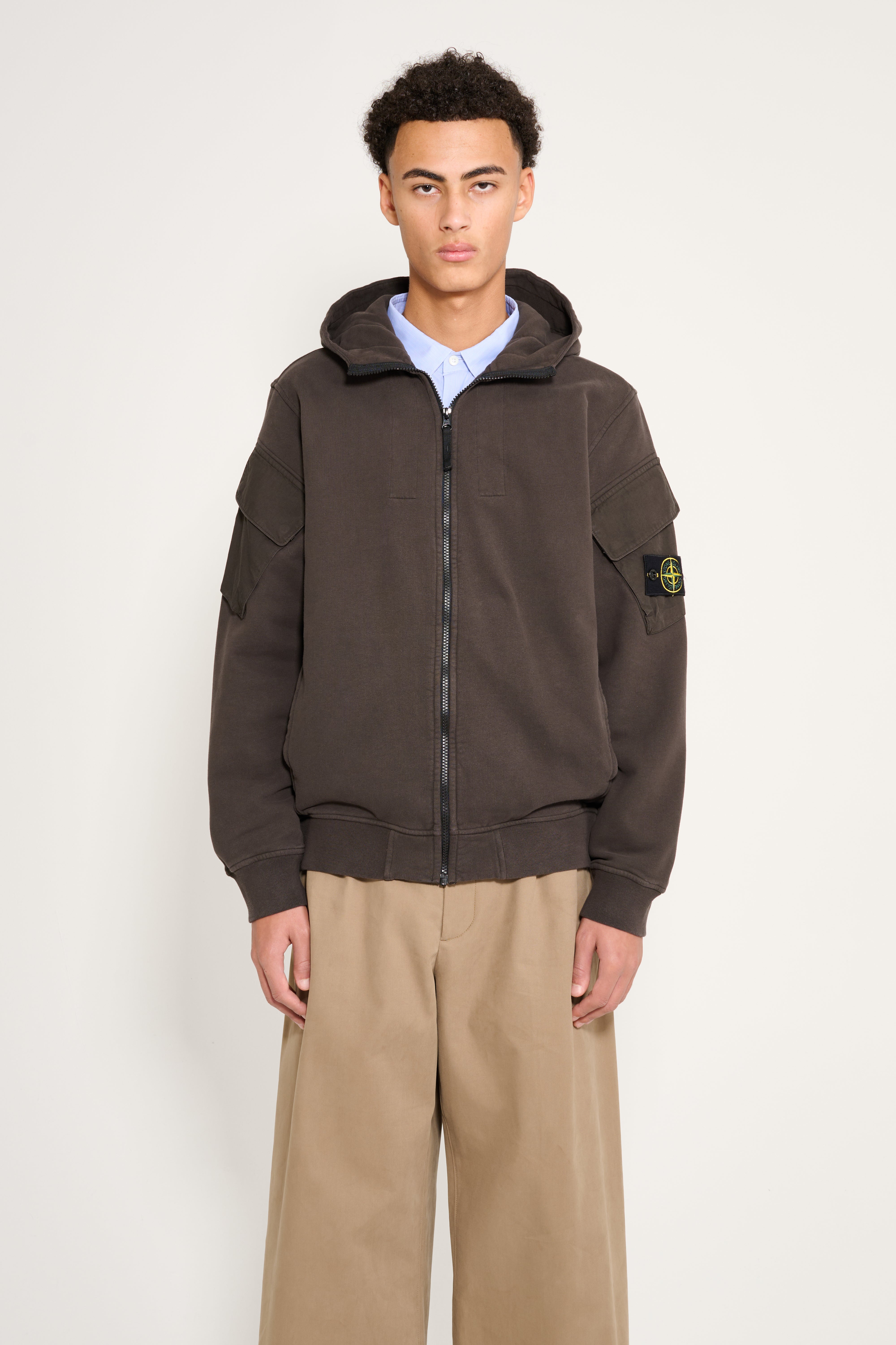 Stone Island Brushed Fleece Zip-Up Hooded Sweatshirt Grey – Très Bien
