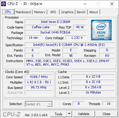 Intel Xeon E-2286M @ 4188.7 MHz - CPU-Z VALIDATOR