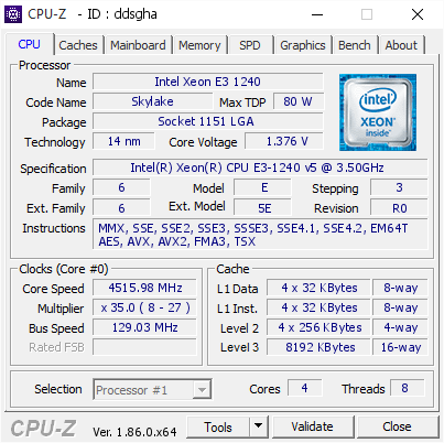 Intel Xeon E3 1240 @ 4515.98 MHz - CPU-Z VALIDATOR