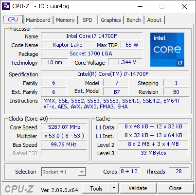 Intel Core i7 14700F @ 5287.07 MHz - CPU-Z VALIDATOR