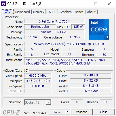 Intel Core i7 11700K @ 4600 MHz - CPU-Z VALIDATOR