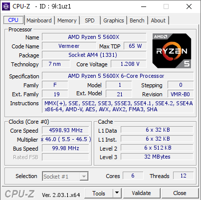 AMD Ryzen 5 5600X @ 4598.93 MHz - CPU-Z VALIDATOR