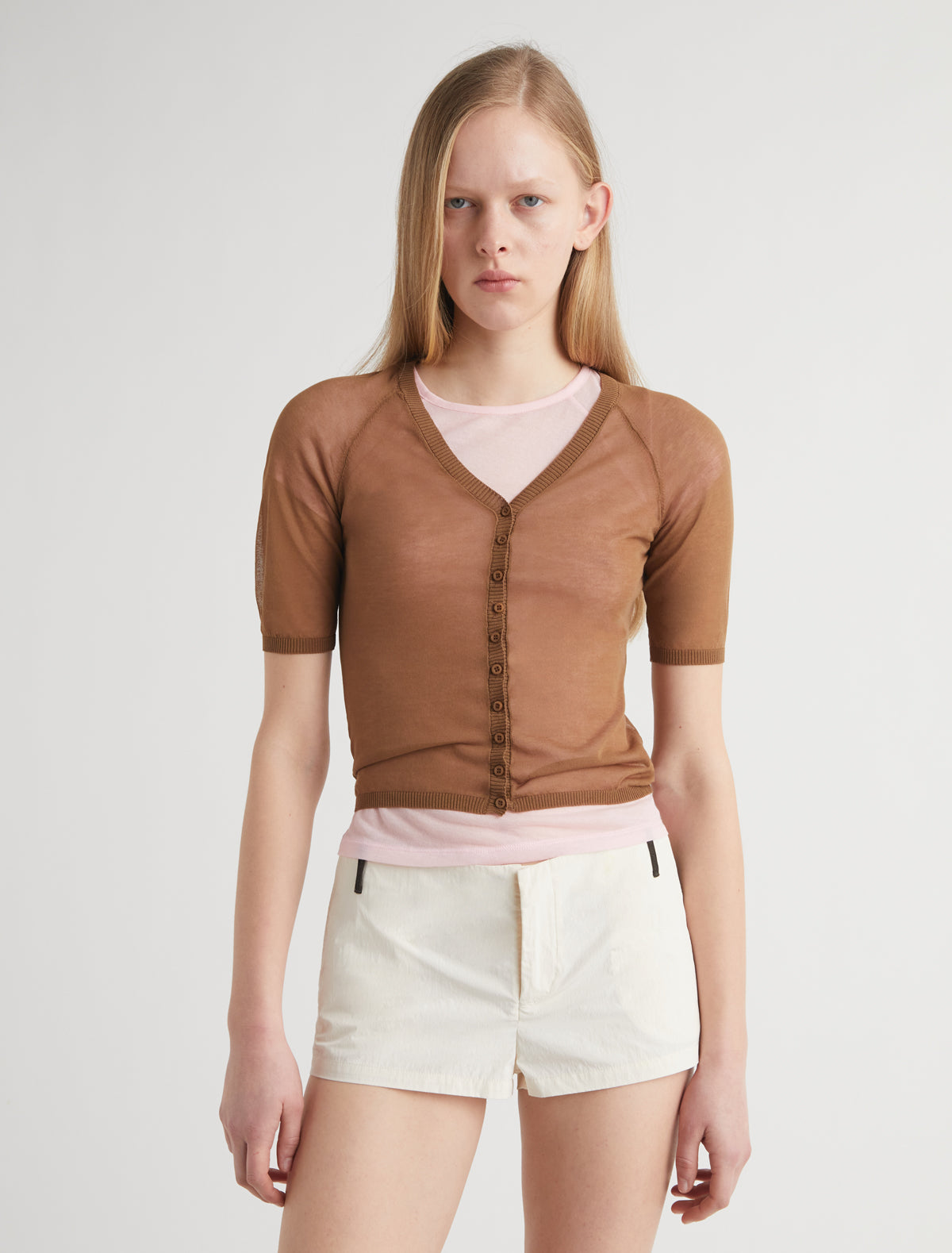 NICE-Brown short-sleeve knit cardigan with a V-neckline – paloma wool