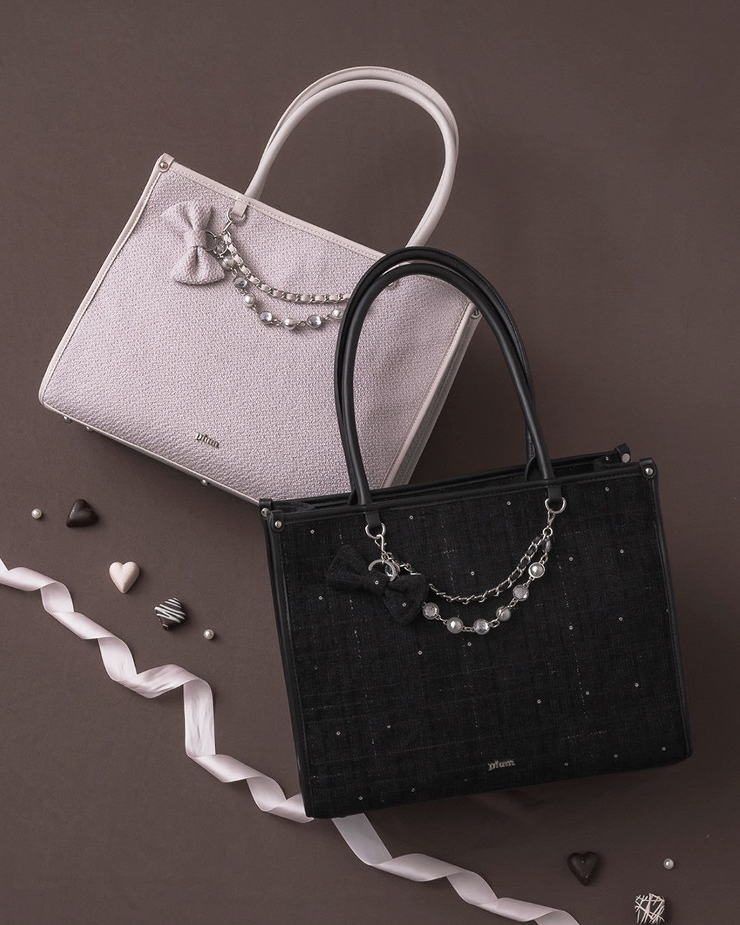 リボンチャーム付きツイードスクエアトートバッグ – pium