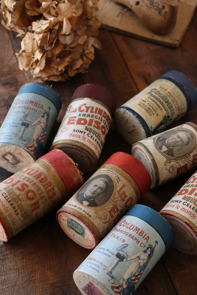 Q334 古い エジソン円筒型蓄音機の蝋管レコードボックス 円筒