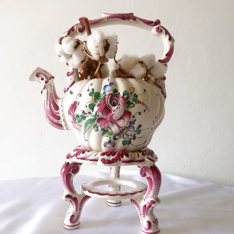 アンティークポット、 陶器鉢 プランター 台付き 手描きフラワーブーケ