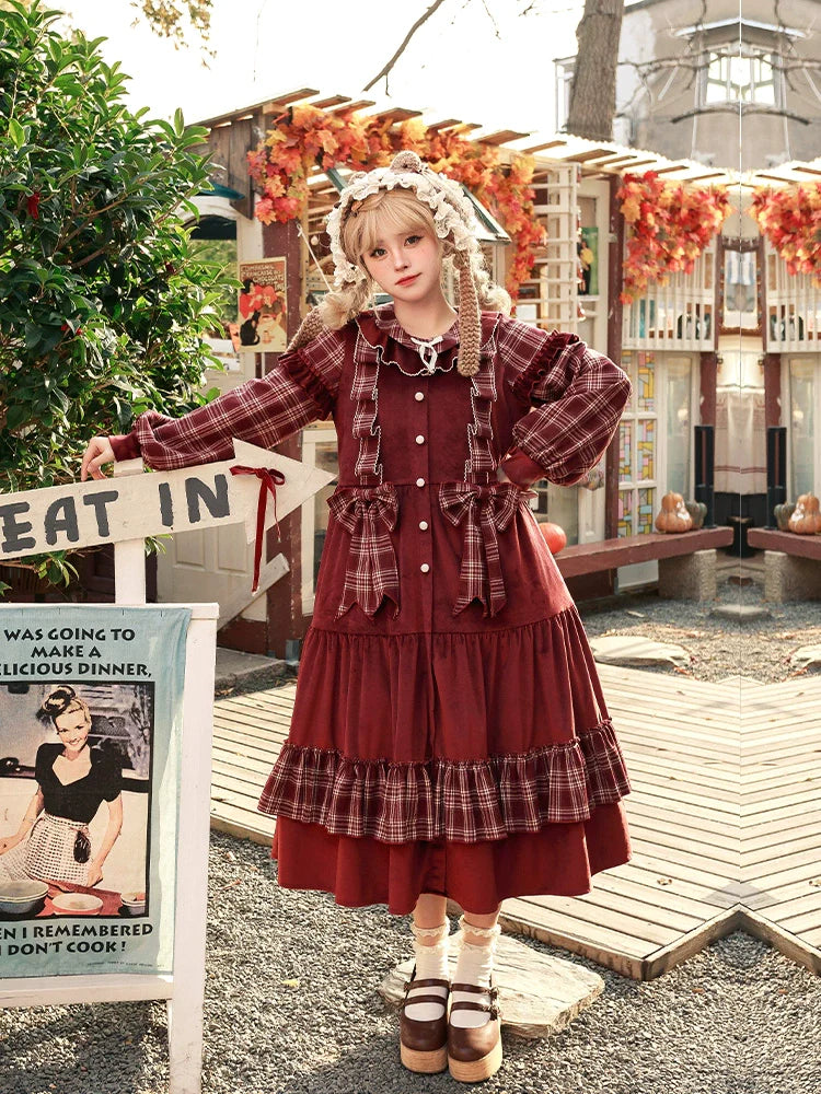 赤チェックとベルベットのレイヤード風ワンピース – ロリータ