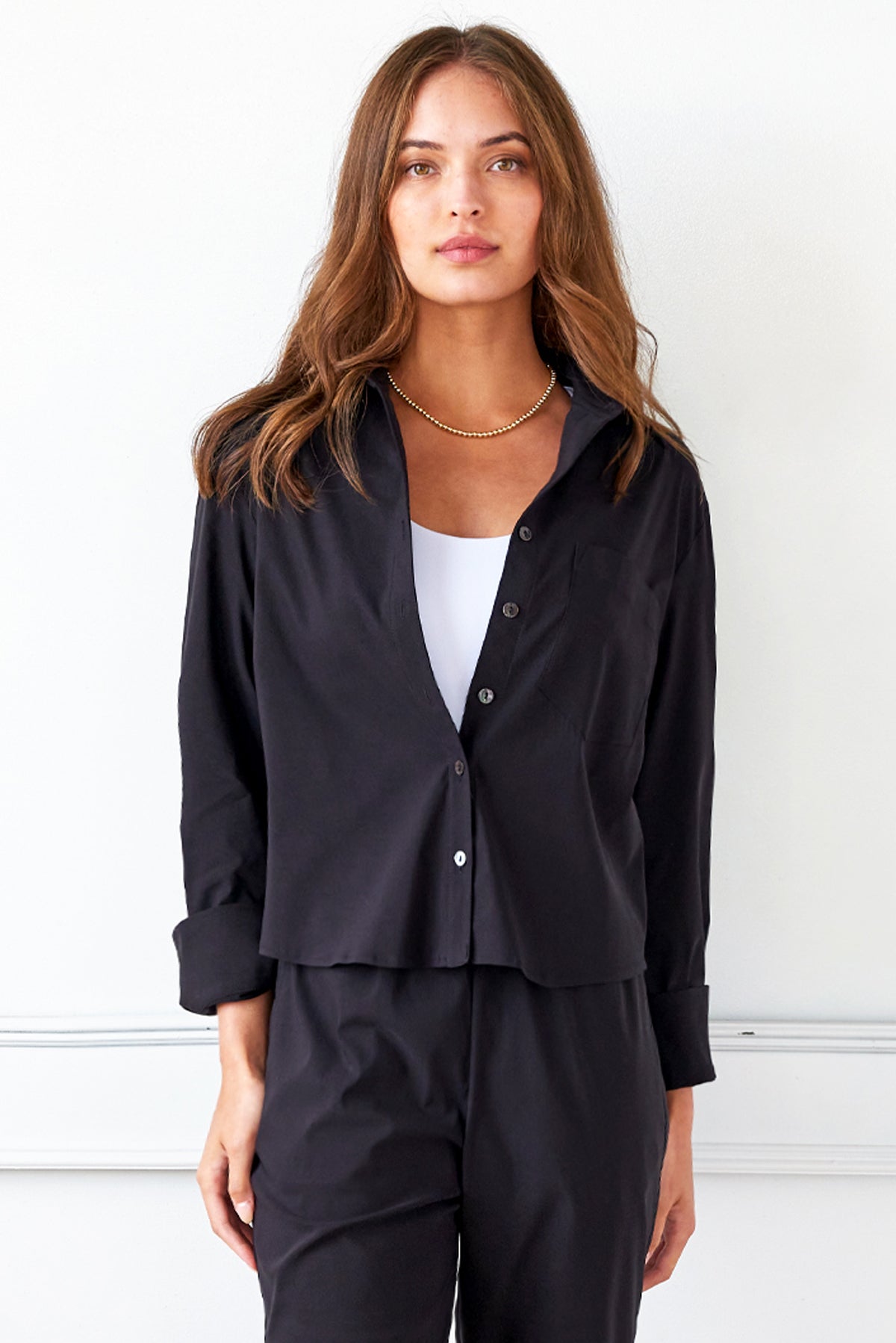 Andie | Cropped Long Sleeve Black Poplin Blouse | Finley Shirts