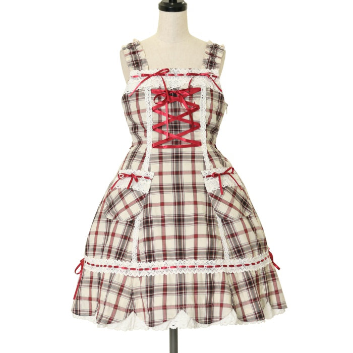 USED】裾スカラップタータンチェックジャンパースカート＆リボンコーム