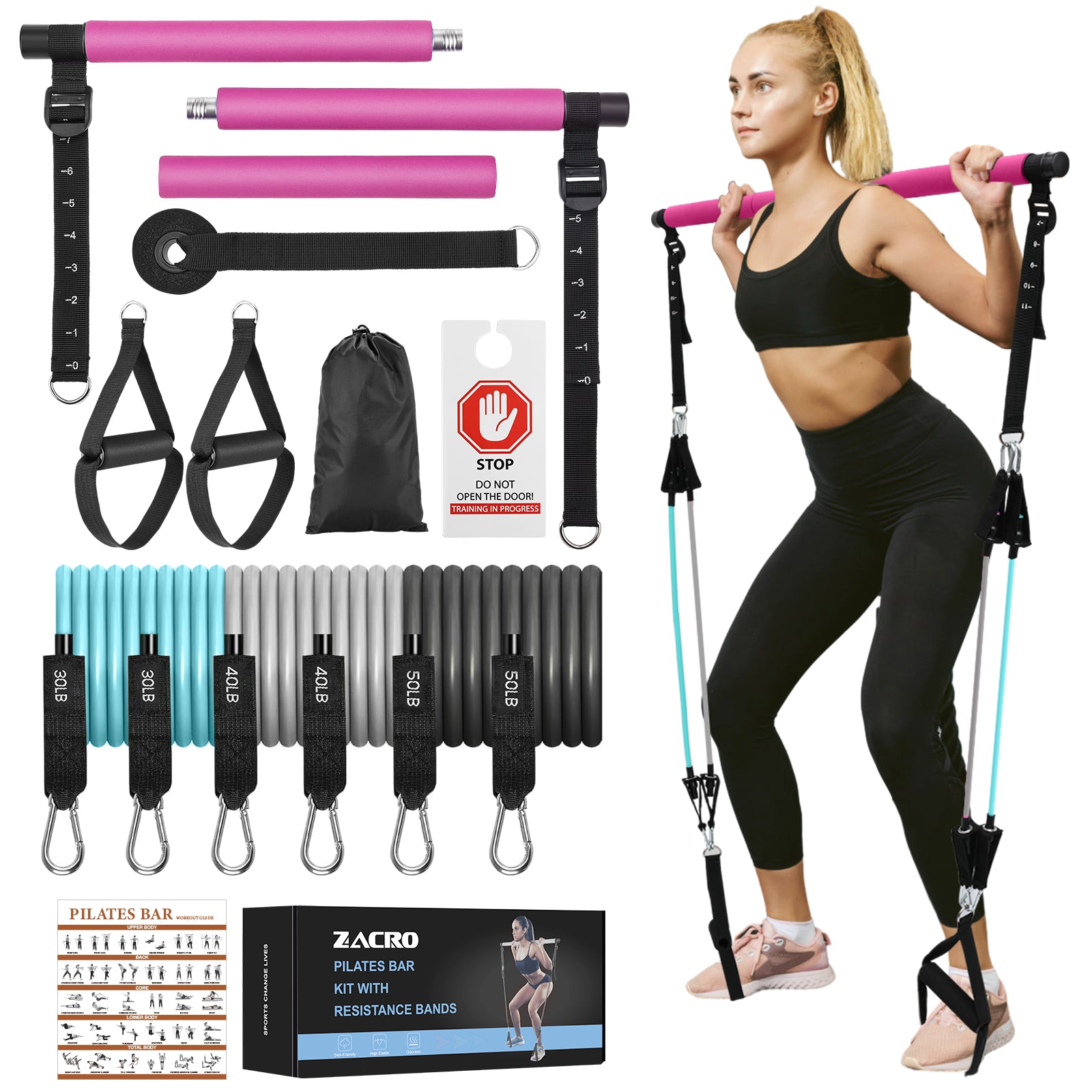 Zacro Pilates Bar Kit with Resistance Bands, 3-Section Pilates Bar