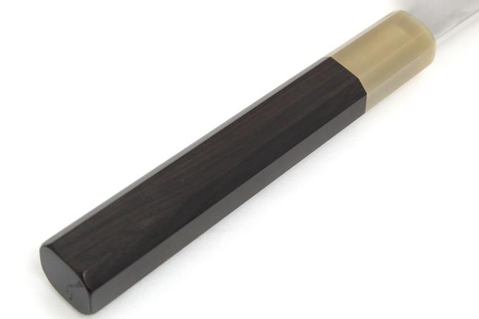 柳刃包丁 尺一 本焼 純日本鋼 鏡面 白水牛黒檀八角柄 白鞘・箱付