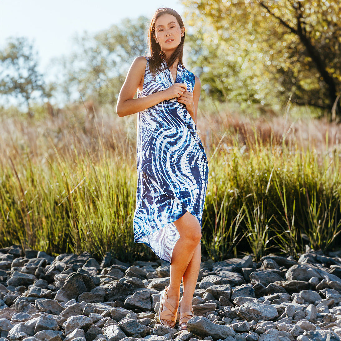 Crepe Knit - Crossover Tulip Hem Dress - Swirl Wave - Final Sale