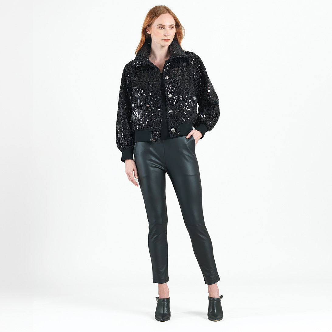 Crushed Faux Fur - Shimmer Embellished Bomber Jacket - Black