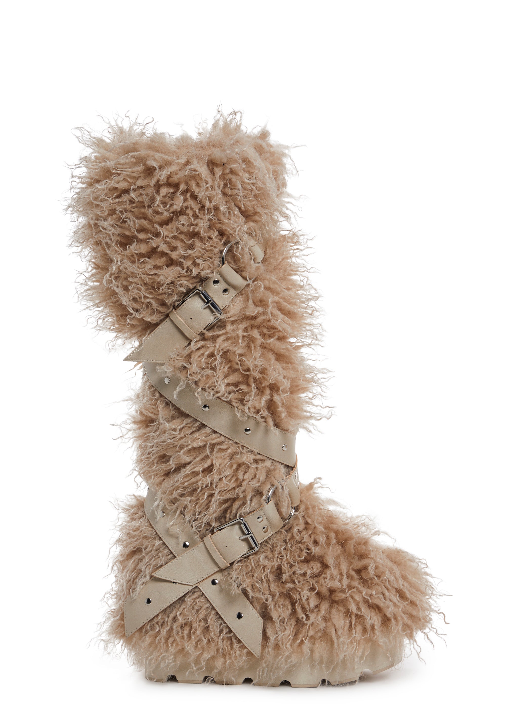 Club Exx Burning Man Faux Fur Strappy Knee High Wedge Platform