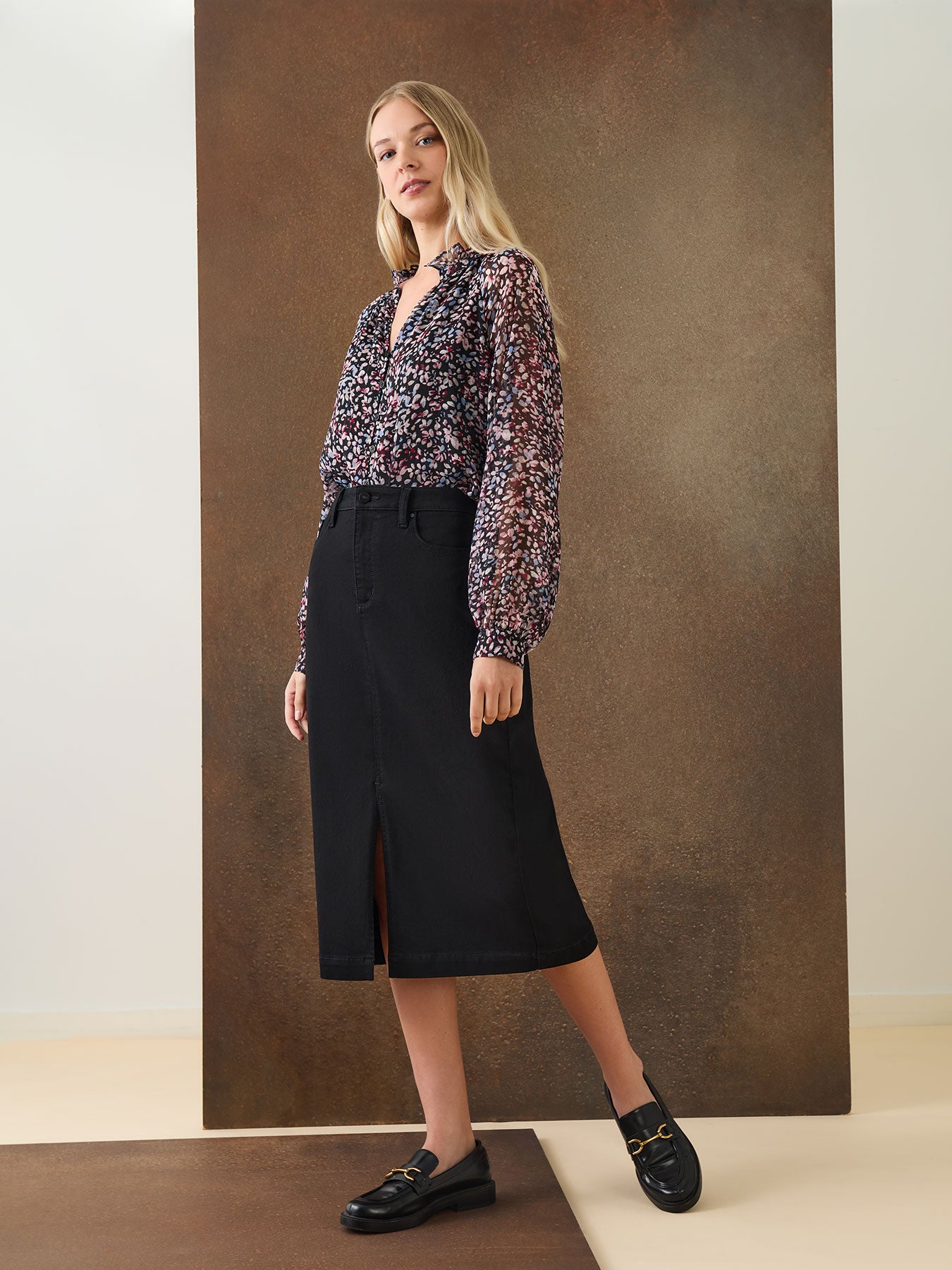 Midi Denim Front Slit Skirt