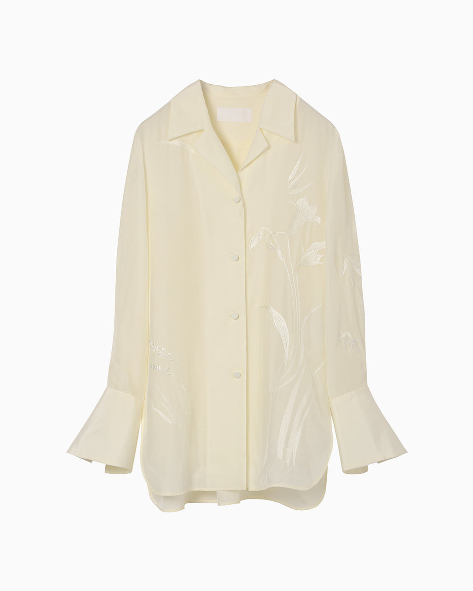 Silk Cupra Floral Embroidery Open Collar Shirt - ecru - Mame